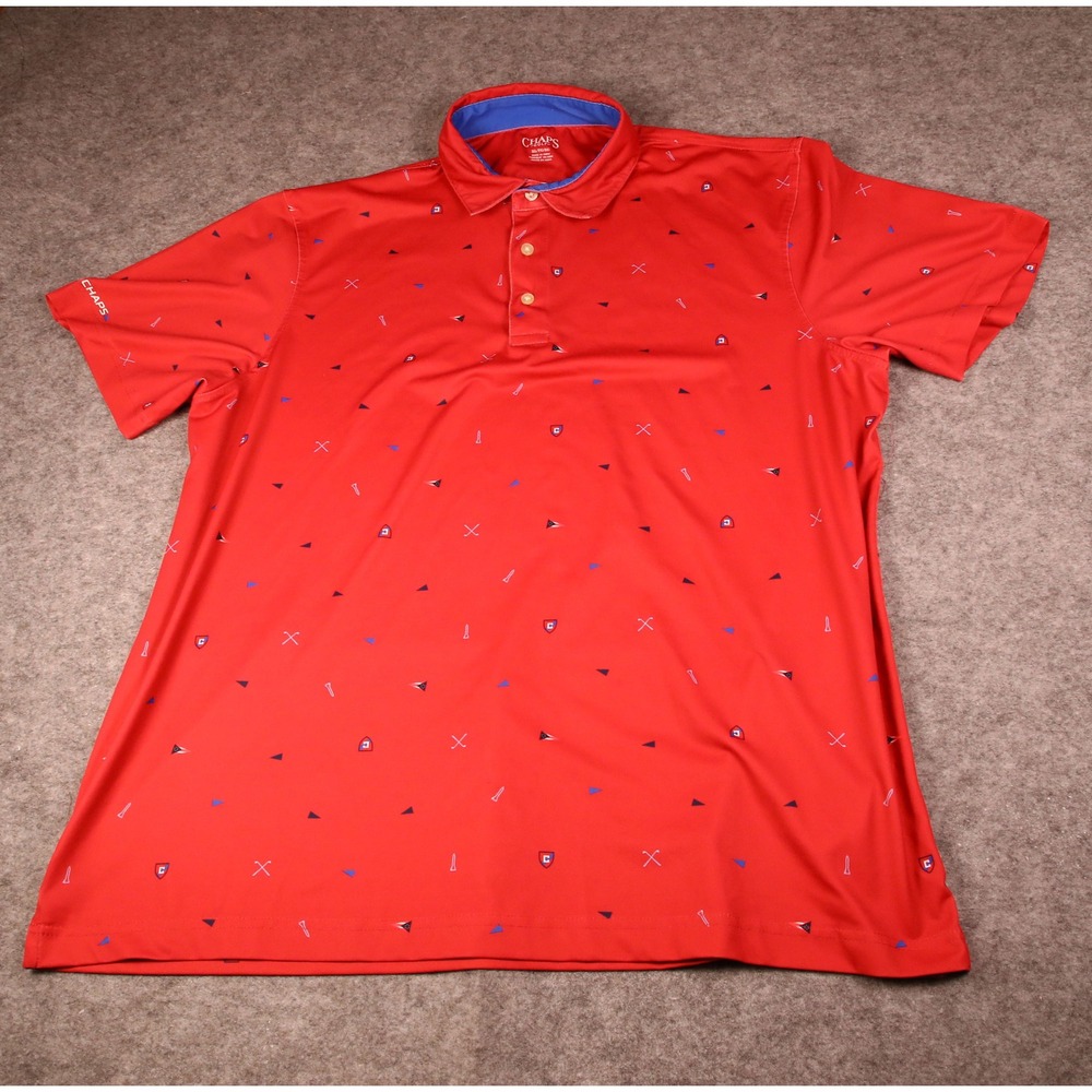 Chaps Golf Mens XL Red Golf Tee Flag Print Performance Polo Shirt Short Sleeve